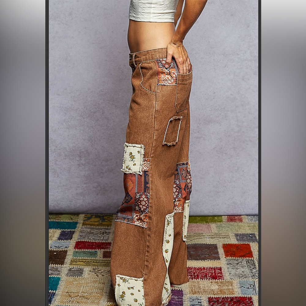 POL Brown Patchwork Wide-Leg Pants with Printed Patches - Picture 3 of 14